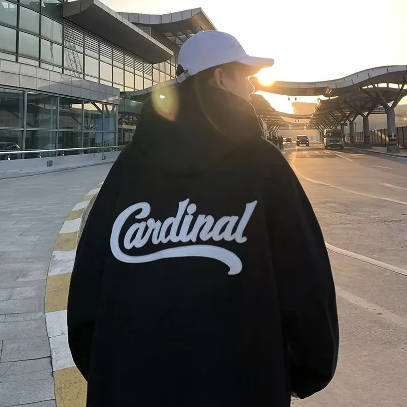 M-8XL moletom com capuz masculino grande camisola com capuz solto moda americana clássico carta impressa manga longa camisa dupla