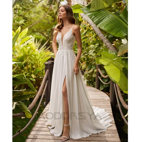 RODDRSYA-vestidos de novia bohemios con escote en V con espalda descubierta vestido de novia personalizado 2025 Vestido de novia bohemio playa Bohemia civil calcomanía de cuello V vestido de novia dividido personalizad