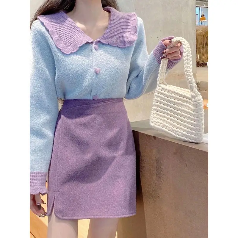 Oversized Women Clothing Autumn Matching Sets Female Corset Peter Pan Collar Top Tee Dress Sets Sweet Knitting Two-piece Suit