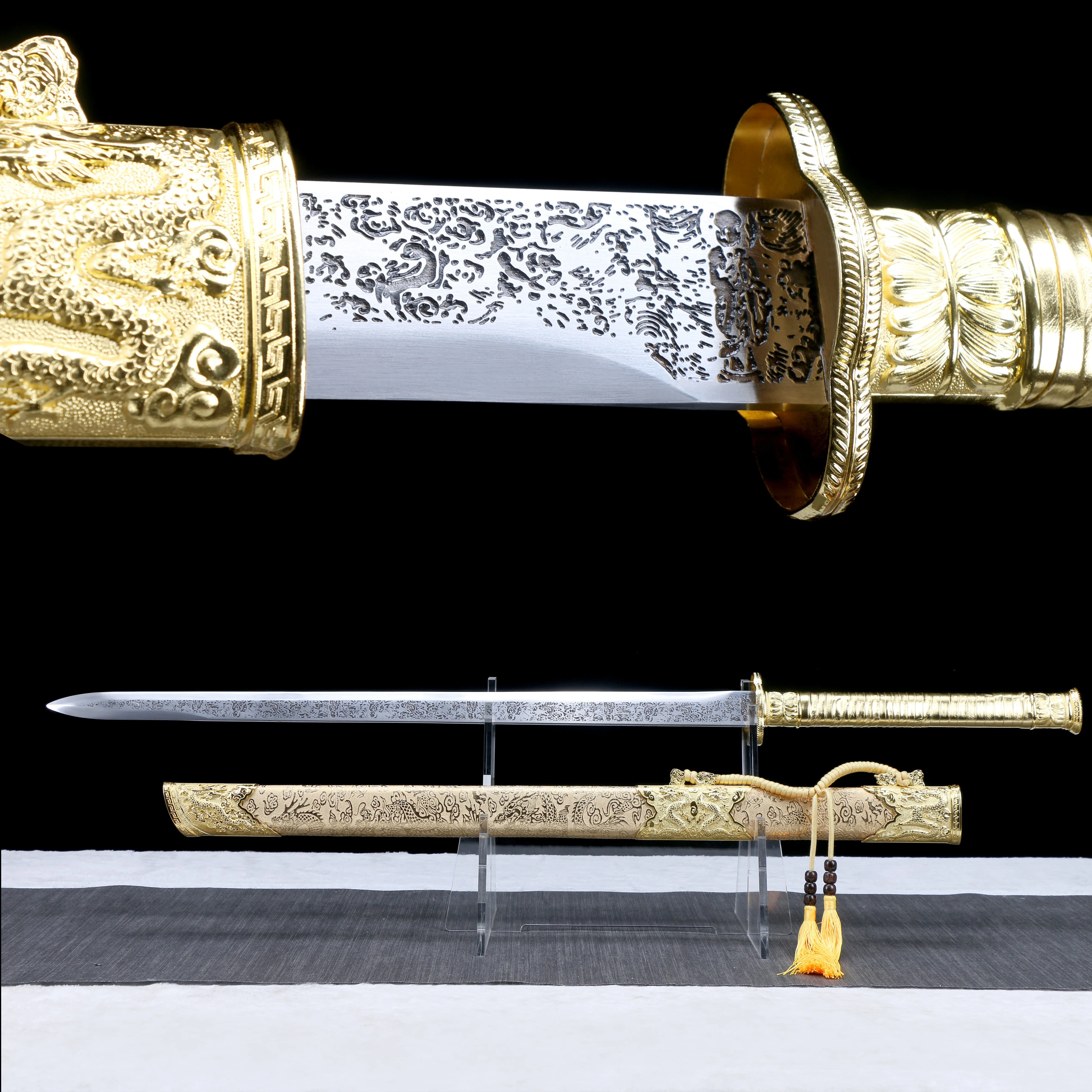 

110cm medieval corroded acid carved high manganese steel true sword yellow gold equipped with sharp weapon samurai sword katana