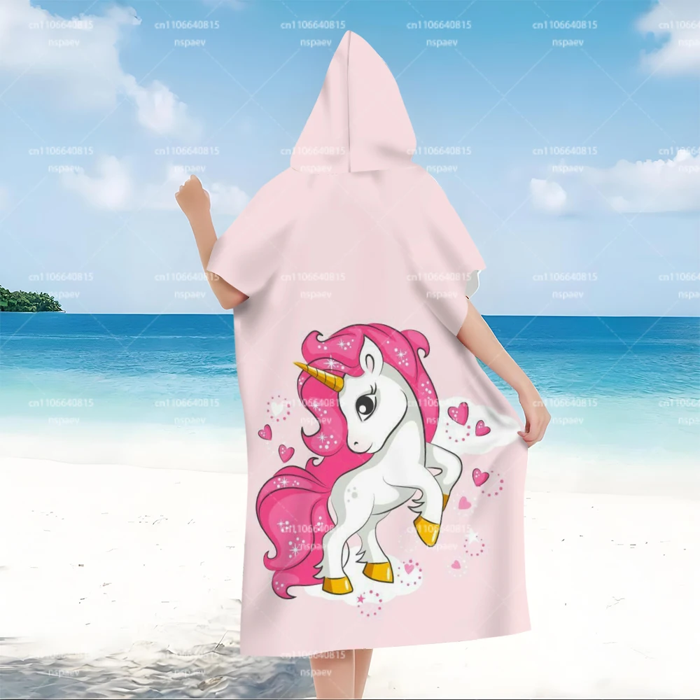 Parent-Child Pink Unicorn Print Hooded Bathrobe, Quick Dry Wearable Towel Poncho for Beach Swim Pool view 5