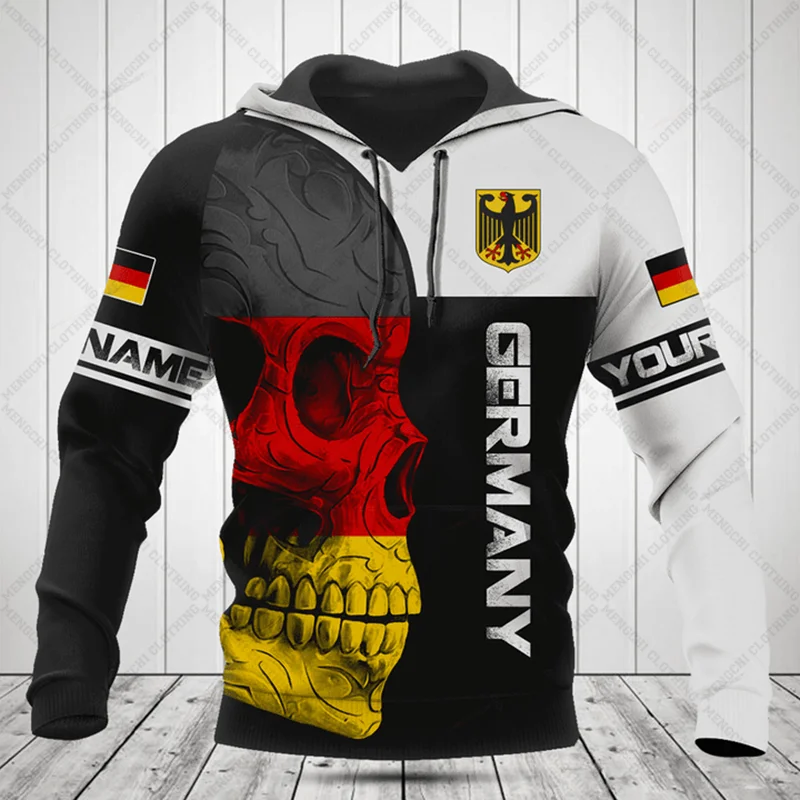 

Custom Name Germany Emblem Skull Graphic Hoodies Loose Unisex Sweatshirts Casual Tops Pullover Oversized Outdoor Streetwear