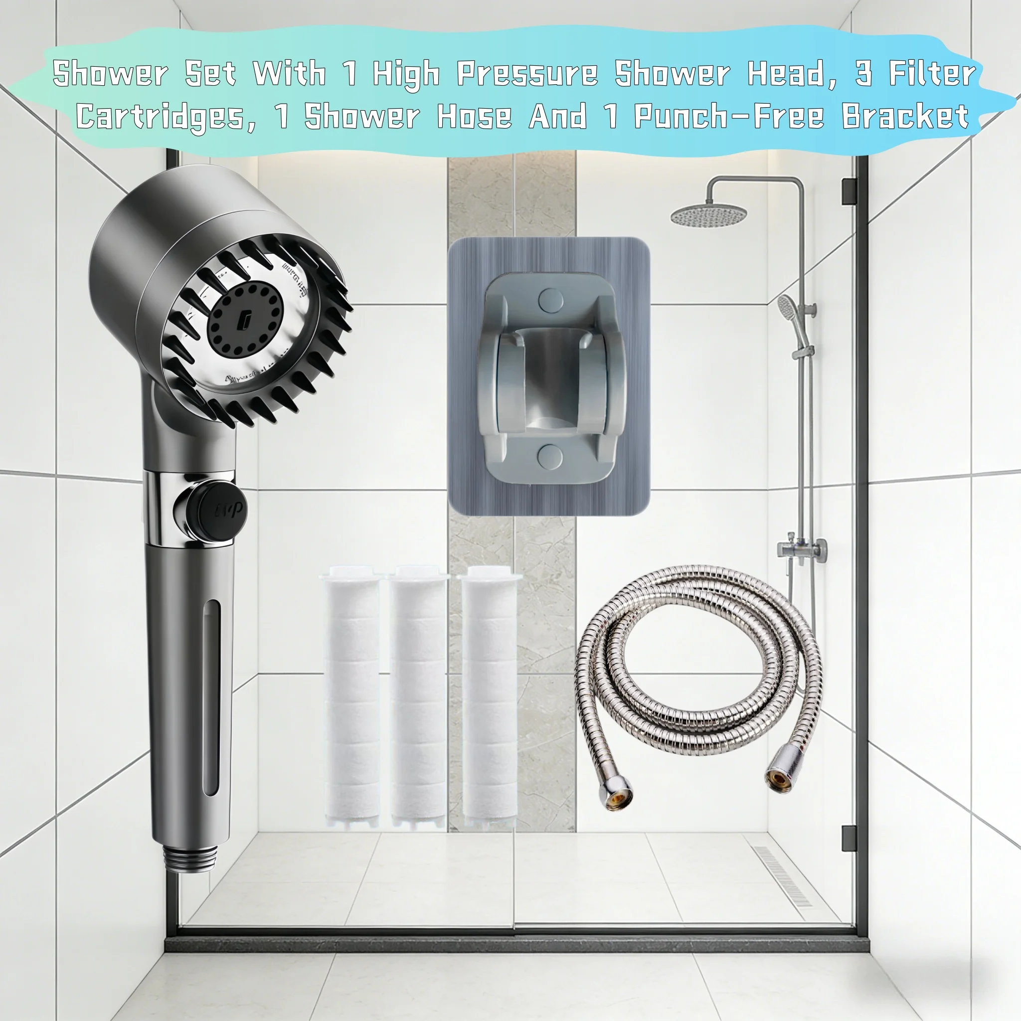 

Набор из 6 серых насадок для душа высокого давления с функцией экономии воды, 3 режима регулировки, 3 фильтрующих картриджа, шланг 59 дюймов, кронштейн без сверления