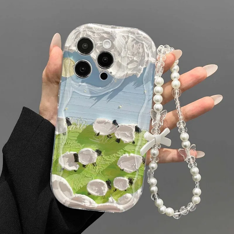 Pearl Lanyard Ripple Border Case Oil painting Sheep For Samsung Galaxy S26 Ultra S25 S24 S23 + A27 A16 A06 A17 A15 A07 4G Cover