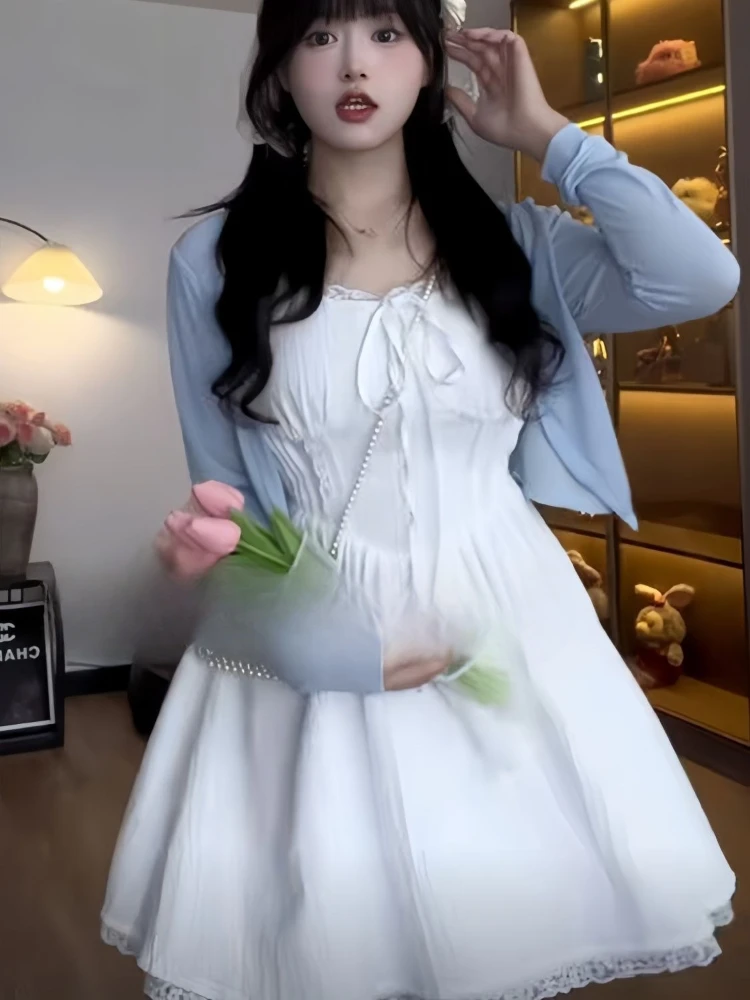 

Новинка 2025, белое платье без бретелек во французском нежном стиле с кружевной отделкой и v-образным вырезом, женские длинные платья трапециевидной формы с застежкой на талии для отпуска