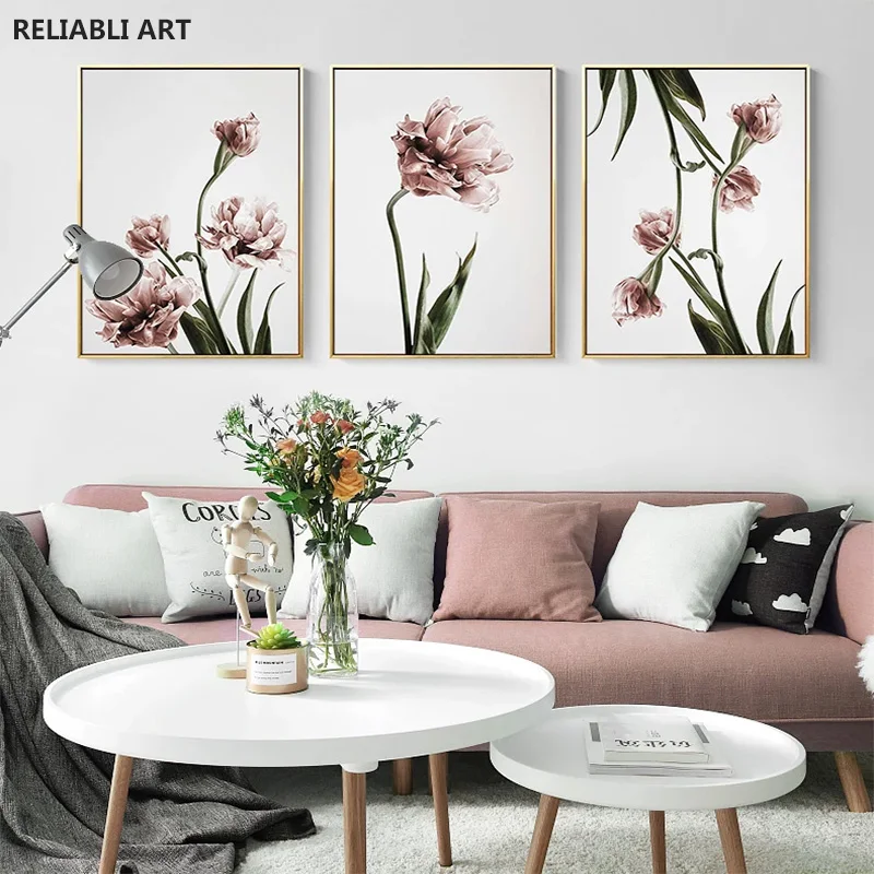 

Nordic Plant Pink Flowers Green Leaf Poster Canvas Painting,Wall Art Pictures for Living Room and Prints Home Decorative Unframe