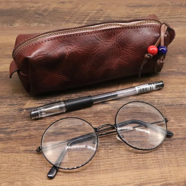 Simple Zipper Genuine Leather Eyeglass Storage Box  Multifunction Pen Storage Glasses Bag Retro Style Pen Case Cowhide Pencil Ba