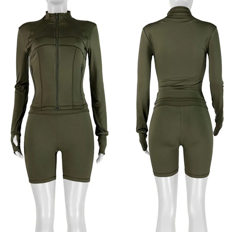 Doyerl Solid Casual Tracksuits Set Woman 2 Piece Sets Active Wear Long Sleeve Zipper Jacket Top and Shorts Sport Suit Matching