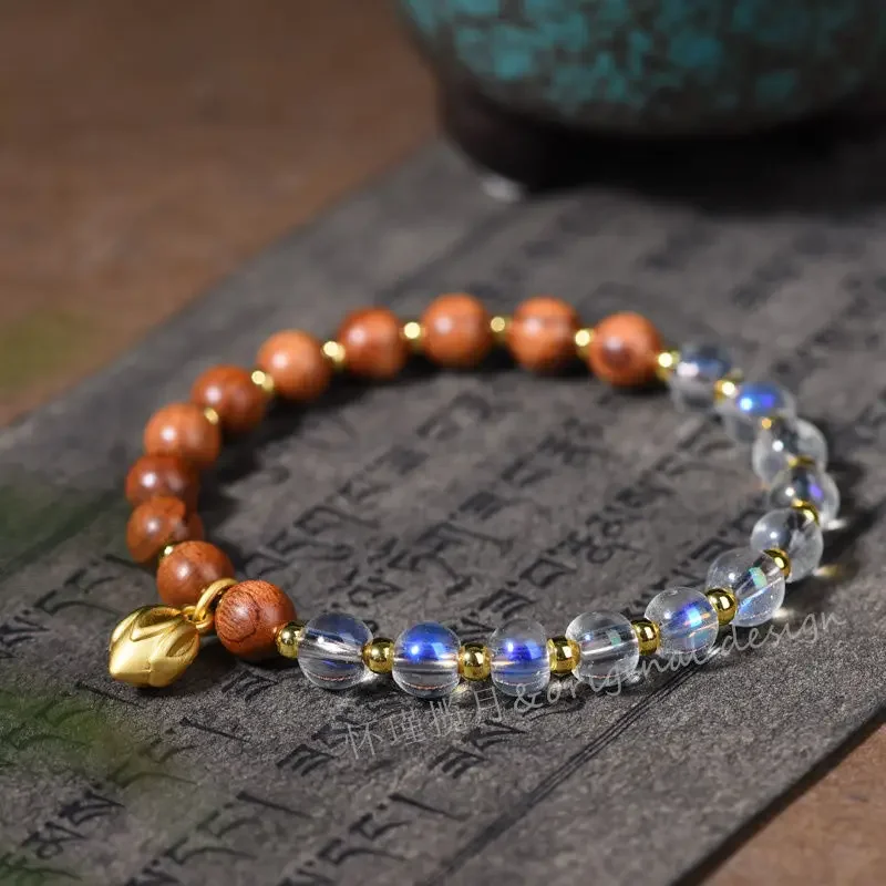 

Оригинальный браслет из розового дерева с натуральным кристаллом, белый лунный камень, минималистичный, винтажный, простой, ручной работы, женский, роскошное украшение