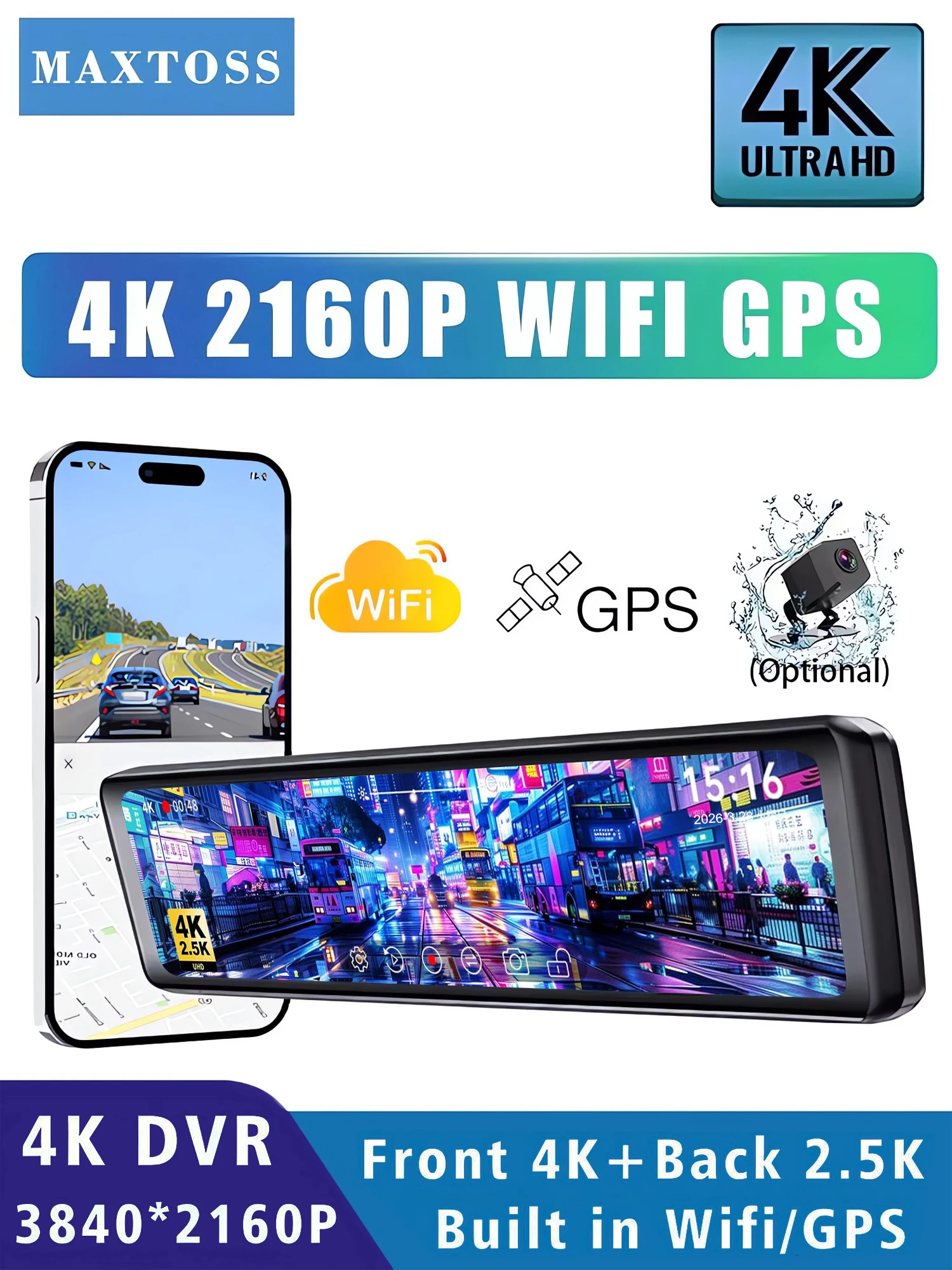 11,26" UHD 4K Auto-DVR GPS WIFI Spiegel-Dashcam Doppellinse Rückfahrkamera 2,5K Dashcam IPS Autokamera Fahrtrekorder Streaming Rückspiegel