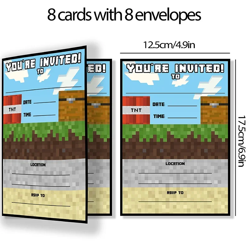Pixel Theme Cartoon Birthday Mine Crafter Greeting Card Single-Page Invitation Card for Kid Game Supply 8pcs Party Supplies