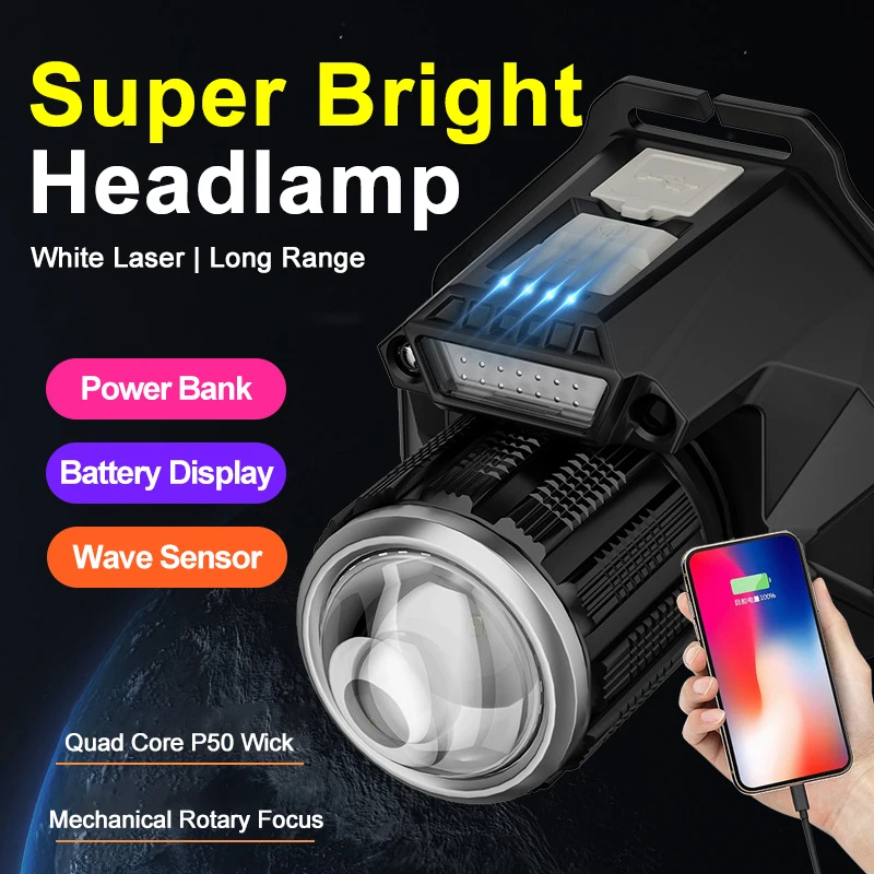 Strong Light LED Induction Headlamp Rotating Zoom Headwear Flashlight 6 Lighting Modes Rechargeable Fishing Lantern Mining Lamp