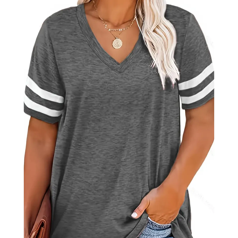 Women\'s V-Neck Short-Sleeved T-shirt, Color Combination, Large Size, Loose, Casual, Comfortable Stripes, Thin Shirt, Summer, New