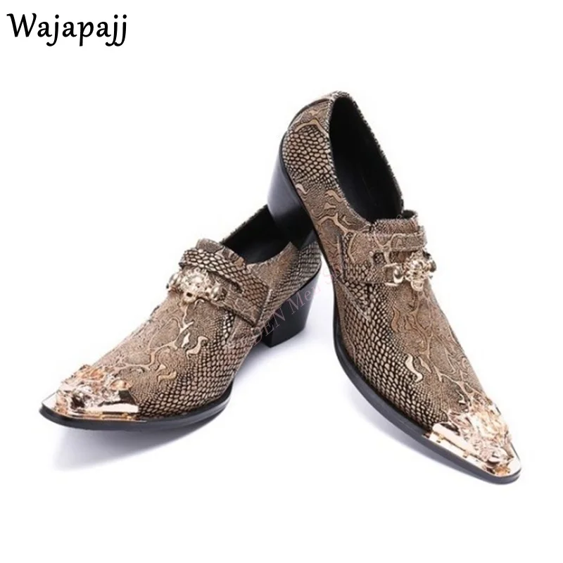 Spring Autumn Men Retro Metal Pointed Toe Leather Shoes Crocodile Print Slip On Buckle Strap Men Party Wedding Leisure Shoes