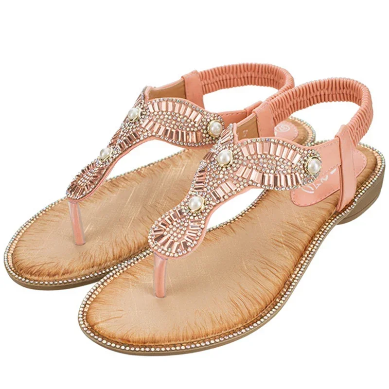 TIMETANGSummer women ladies flat summer ethnic chain pearl sandals beach casual silver shoes zapatos de mujer tacon rosa