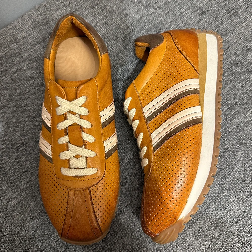 

QHCCID Men's Horsehide Color-Blocking Sports Shoes Breathable Punched Mesh Soft Sole Comfortable Casual Jogging Footwear