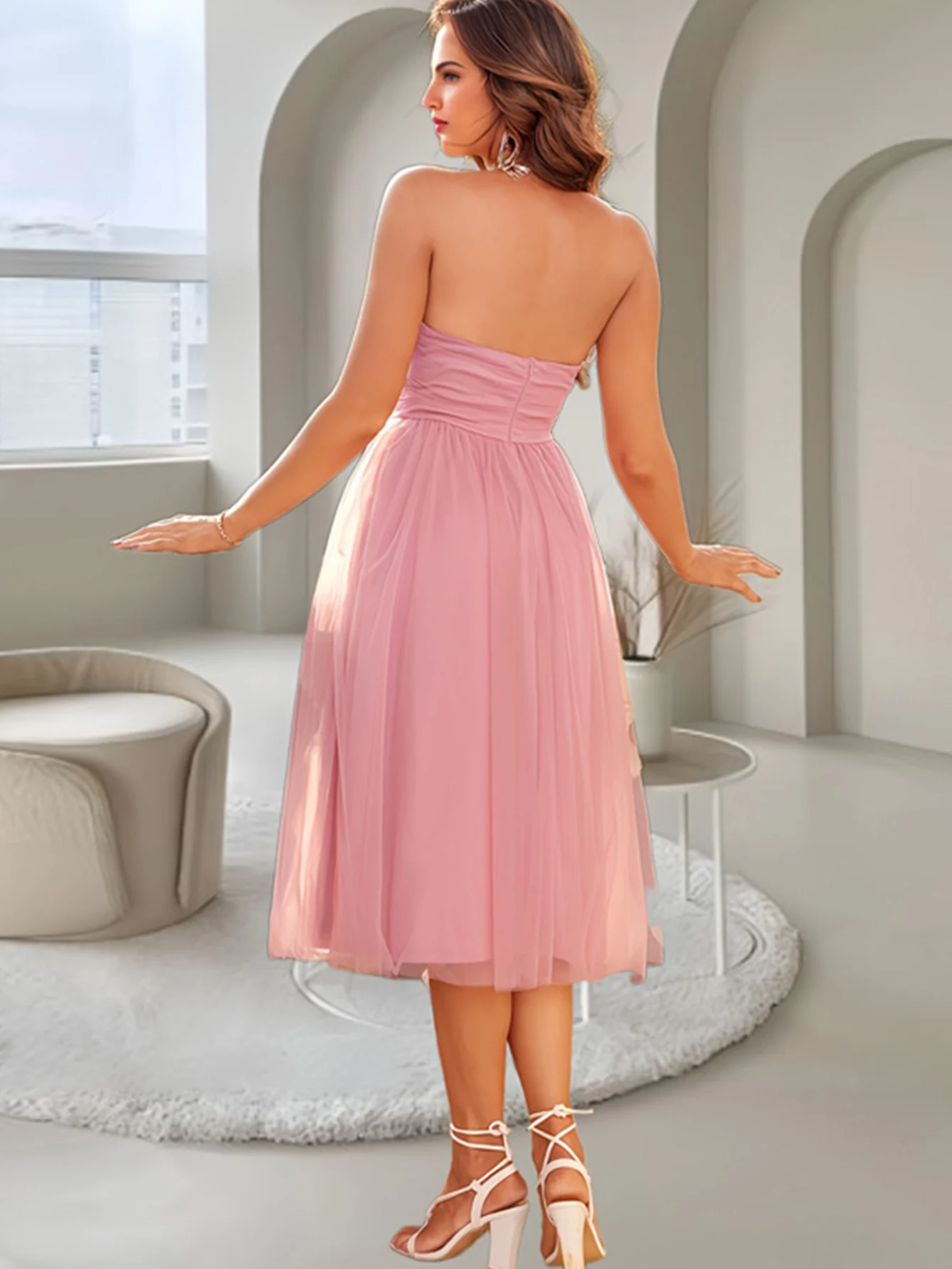 Sexy backless Sleeveless mesh summer dress women elegant luxury wedding party dresses ladies pink evening short dresses vestidos