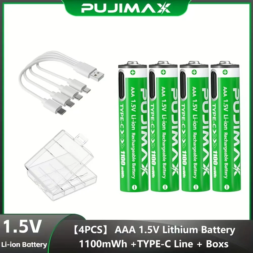 PUJIMAX Li-Ion AAA Wiederaufladbare Batterie USB Lithium-Ionen 1100mWh 1,5V Wiederaufladbare Batterien für Fernbedienungen, Mäuse, Computer, Spielzeug, Uhren, Taschenlampen, Werkzeuge