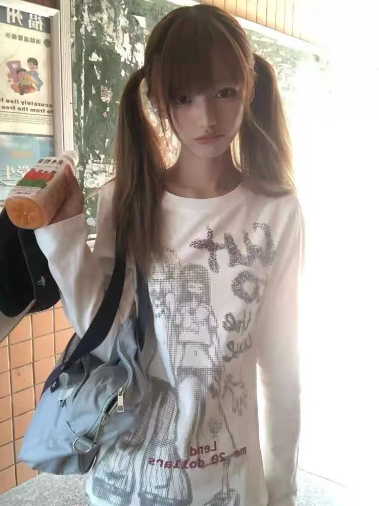 Japanese Y2K Anime Print T Shirt Women Autumn Loose Long Sleeve White Tops Vintage Harajuku Streetwear All Match Tees Mujer
