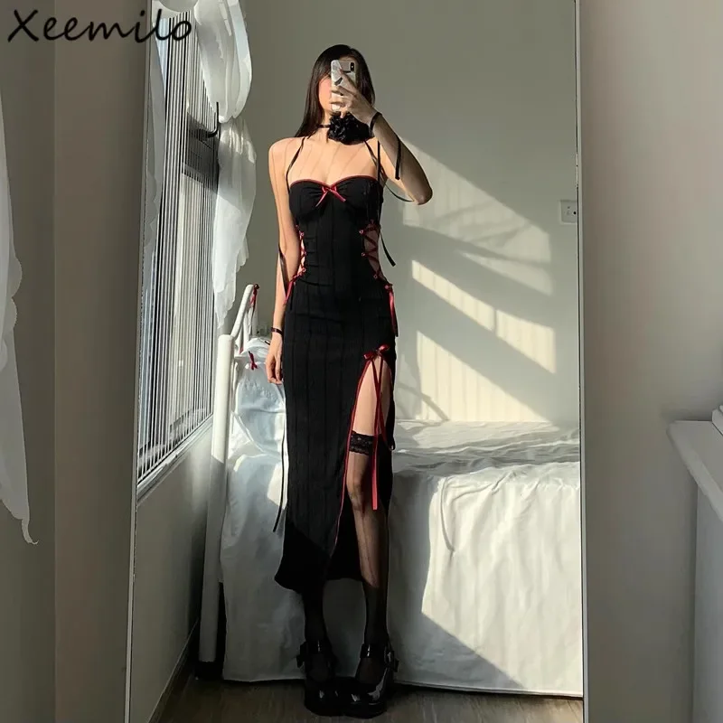 

New Gothic Sexy Bow Applique Bandage Long Dress Aestheitic Strapless Skinny High Slit Dresses Y2K Fashion Club Party Dress