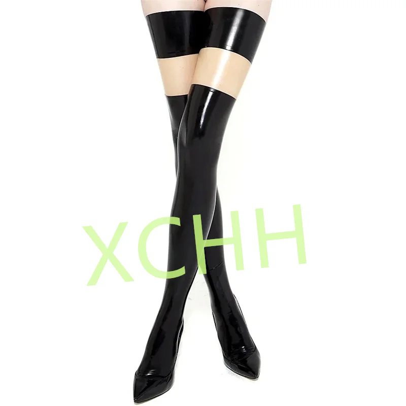 

Latex Stockings Black with Transparent Gummi Feet Wear Foot Rubber Long High Stockings Plus Size Cospaly Costume Wear with Dress