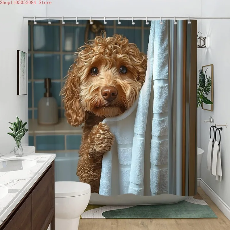 1pc adorable poodle puppy peeking bath towel digital shower  -   With Hooks Waterproof Mildew Proof Easy Install Washable
