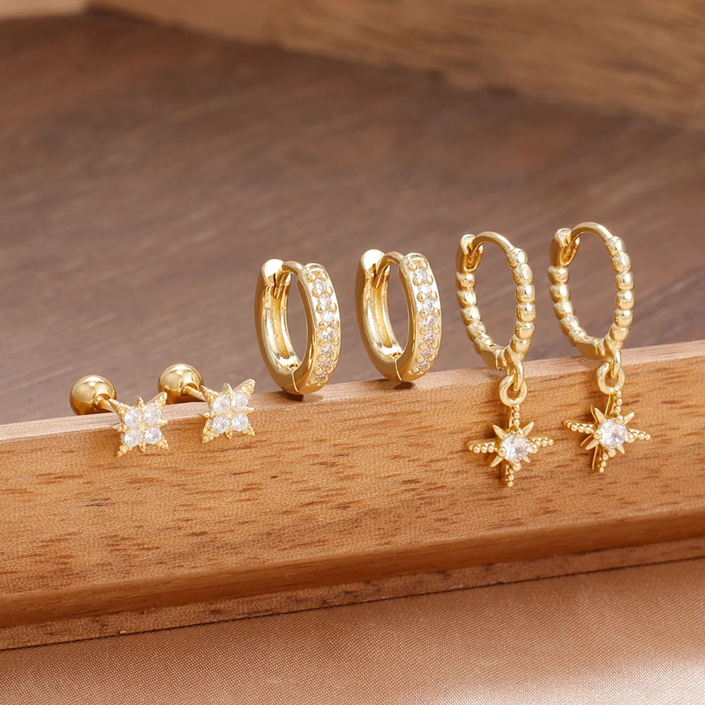 3 Pairs Stainless Steel Zircon Hoop Earrings Set Trendy Twinkle Star Ear Stud Earring Jewelry Prevent Allergy Party Accessories
