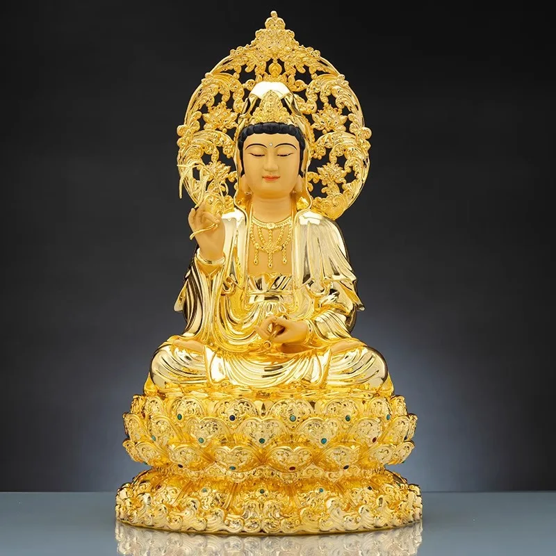 Cz pure brass gilt guanyin bodhisattva buddha statue for homehall worshiping saha three saints sitting on lotus  ornaments