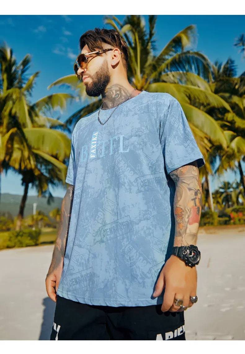Summer New Blue Cotton T-Shirt Men Outdoor Daily Streetwear Oversized Loose Short Sleeve with Black Chest Letter Graphic Print