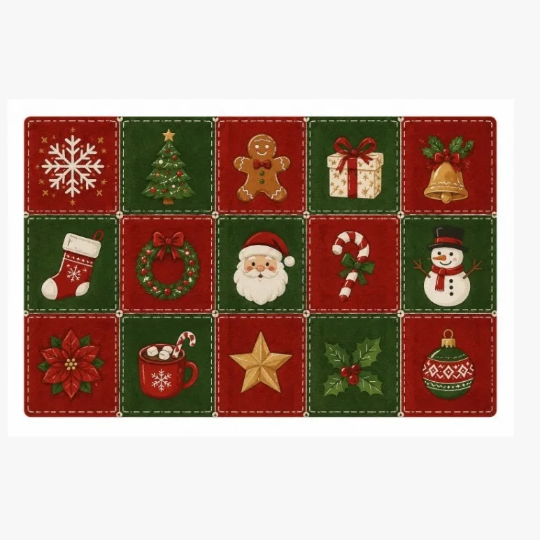 Colorful Red Green Christmas Icon Grid Doormat Non Slip Entrance Rug For Versatile Holiday Theme Home Decor Gift