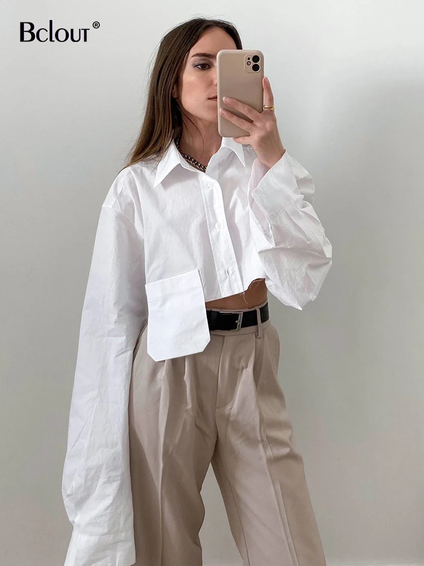 Bclout Casual Patchwork White Shirts Women Autumn Long Sleeve Solid Street Crop Tops Fashion Loose Green Sexy Short Blouses 2022