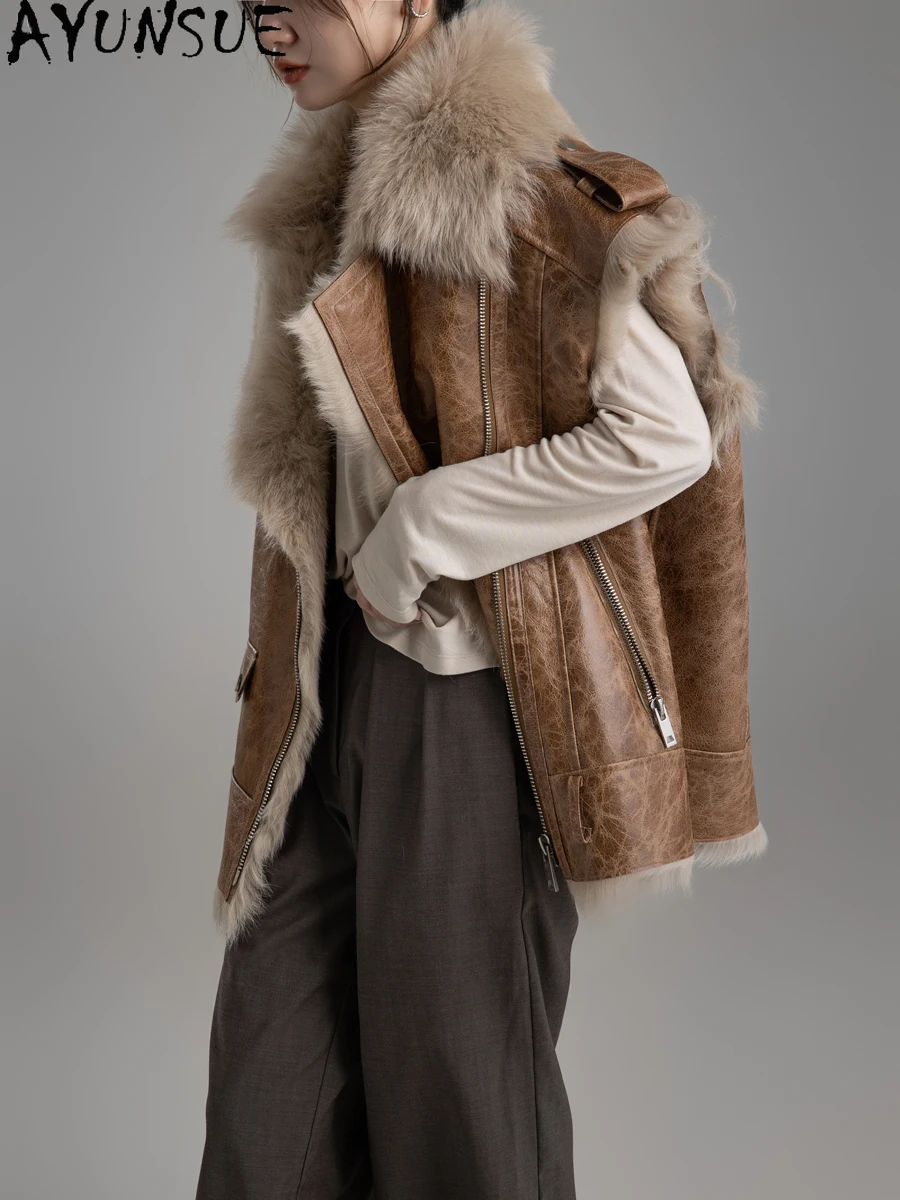 AYUNSUE 天然シープスキン毛皮のベストの女性の本革ノースリーブジャケットミッドレングスの冬の高級服女性 Шуба Женская