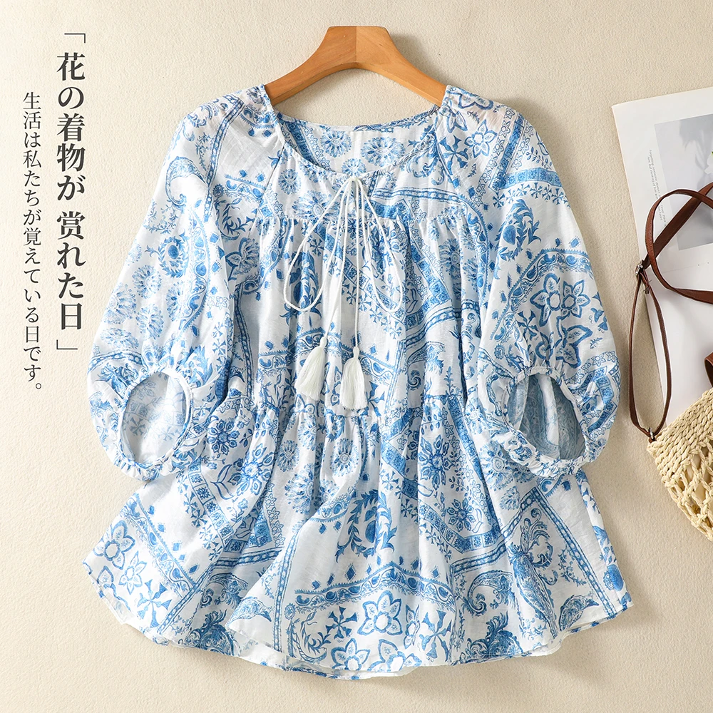 

Boho Beach Style Blue Cotton Blouse Shirt For Women Vintage Ethnic Floral Printed Summer Top Tie-Neck Casual Loose T-shirt