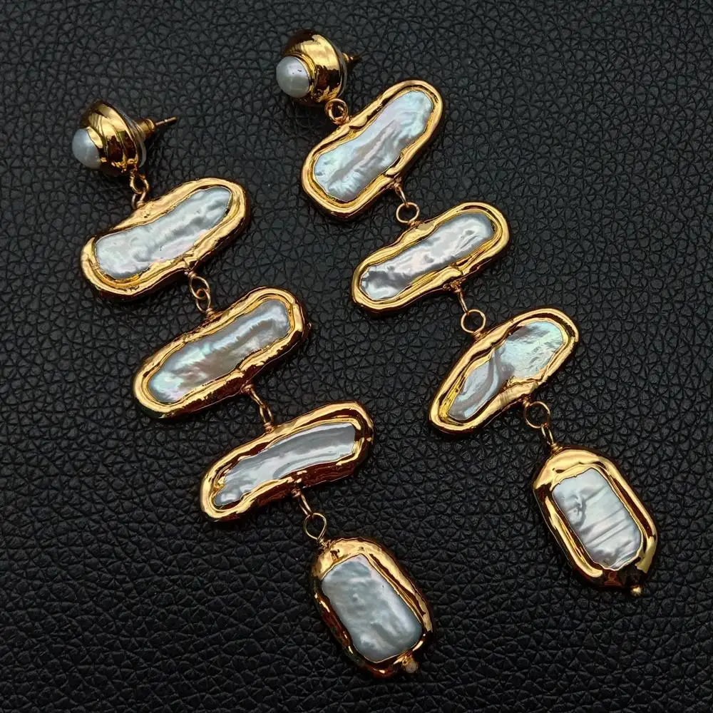 KKGEM Natural multi shape 10x27mm White Biwa Freshwater Pearl Yellow Gold Wrap Stud Earrings wedding classic for women