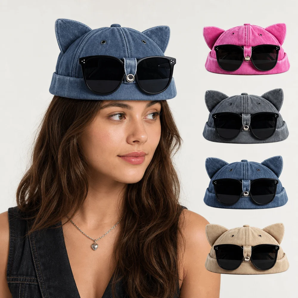 Lightweight Cat Ears Brimless Hat with Sunglasses Cute Breathable Woman's Landlord Hat Adjustable Unisex Bucket Cap Travel