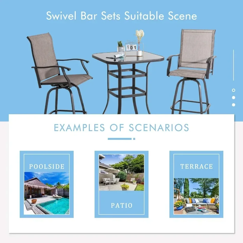 Pátio Swivel Bar Set, All Weather Textile Fabric, Outdoor High Stool, Bistro com 2 cadeiras de bar, cinza acolchoado, sem mesa