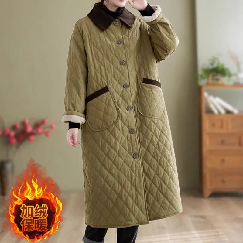 Plush Thickened Argryle Long Cotton Coat for Women Loose and Oversized Casual Vintage Fleece Jackets Autumn Winter  Z2751