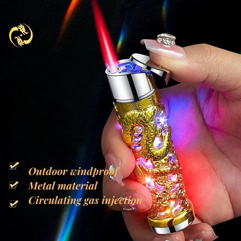 Colorful LED Butane Gas Inflatable Torch Lighter, Windproof Metal, Press Igniton, Embossed, Smoking Accessories, Cigarette Gifts