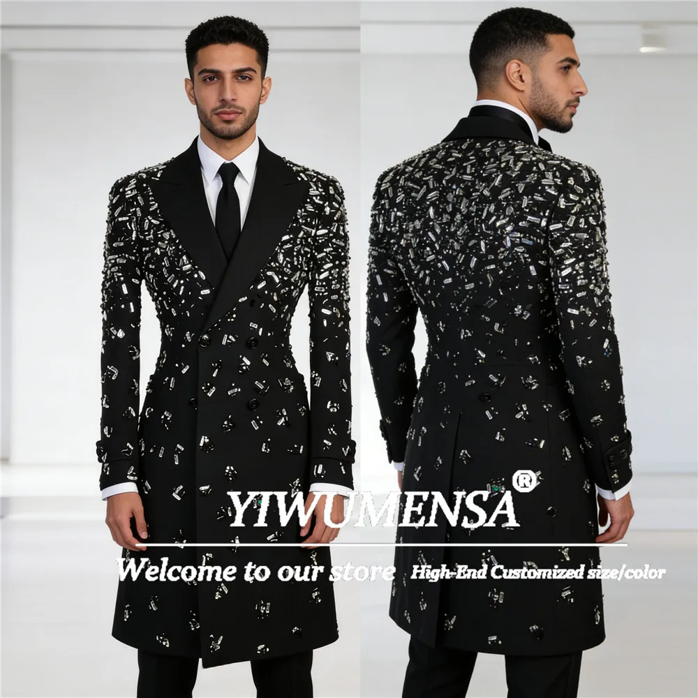 

Изысканные стразы из бисера, свадебные смокинги для жениха, длинный двубортный пиджак, брюки, костюм из двух предметов, наряд для мужчин по индивидуальному заказу
