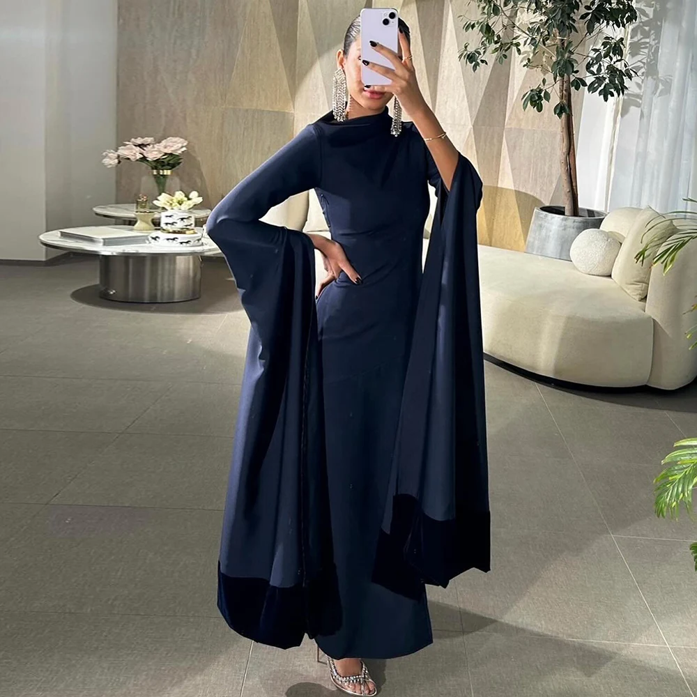 

Navy Blue Women's Cocktail Party Gowns Satin A-line Prom Dress O-Neck Cloak Sleeves Celebrity Dress Maxi 2025