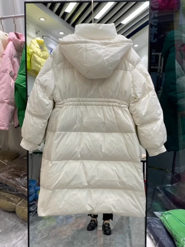 Chaqueta de plumón con capucha de longitud media para mujer, abrigo de plumas de pato blanco de empalme con múltiples bolsillos, cintura gruesa, ajuste Delgado, coreano, elegante, nuevo, Invierno