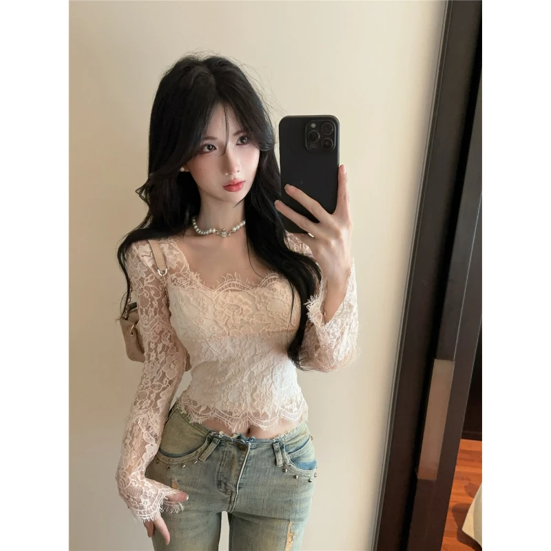 Lace Patchwork Square Neck Long Sleeved T-shirt for Women Slim Fit and Slimming Base Shirt Spicy Girl Slightly Transparent Short