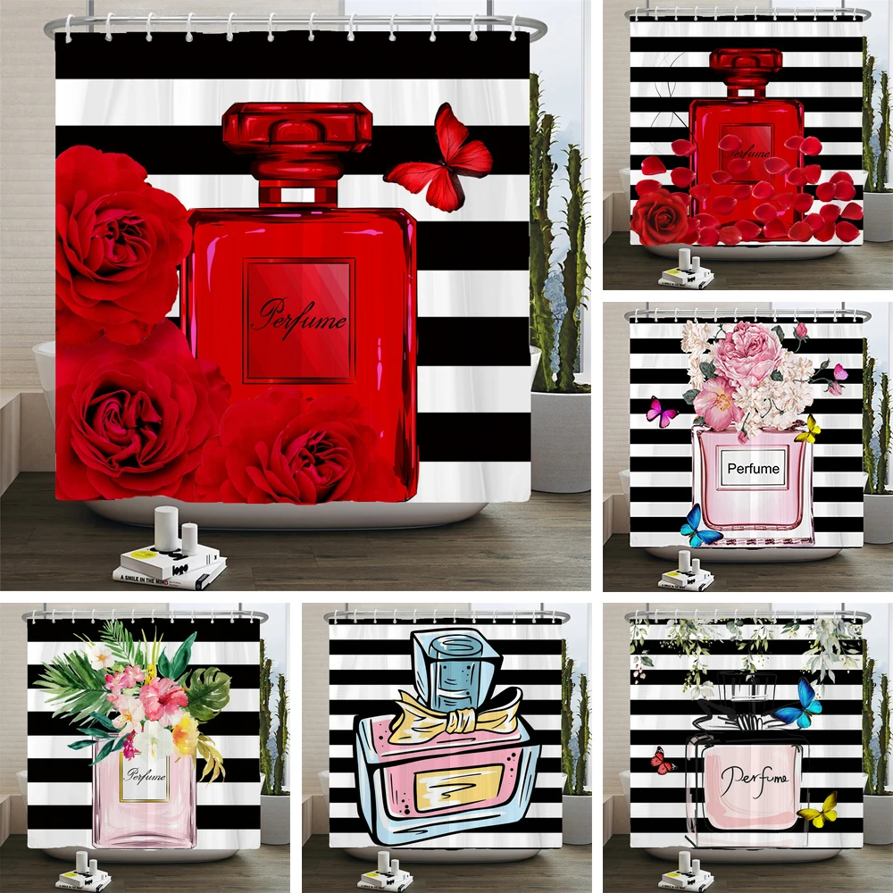 

Perfume Bottle Flower Shower Curtain Set Black White Stripes Fashion Girl Woman Bathroom Decor Polyester Bath Curtains Hooks