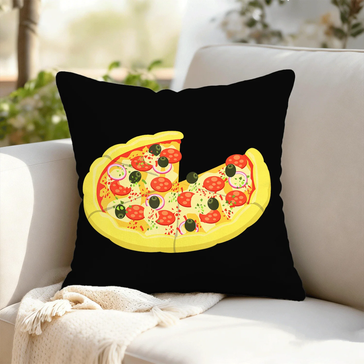 Funny Pizza Slice Pillowcase, Fast Food Print Cushion Cover, Black Background Decor, Cartoon Italian Food Art Throw Pillow, Home