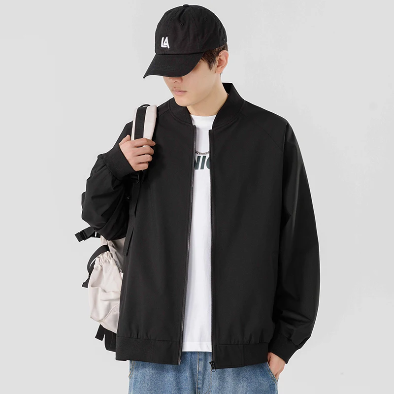 

Мужская куртка с бейсбольным воротником, повседневная верхняя одежда свободного покроя, однотонный полиэстер, длинная застежка-молния све, без наполнения
