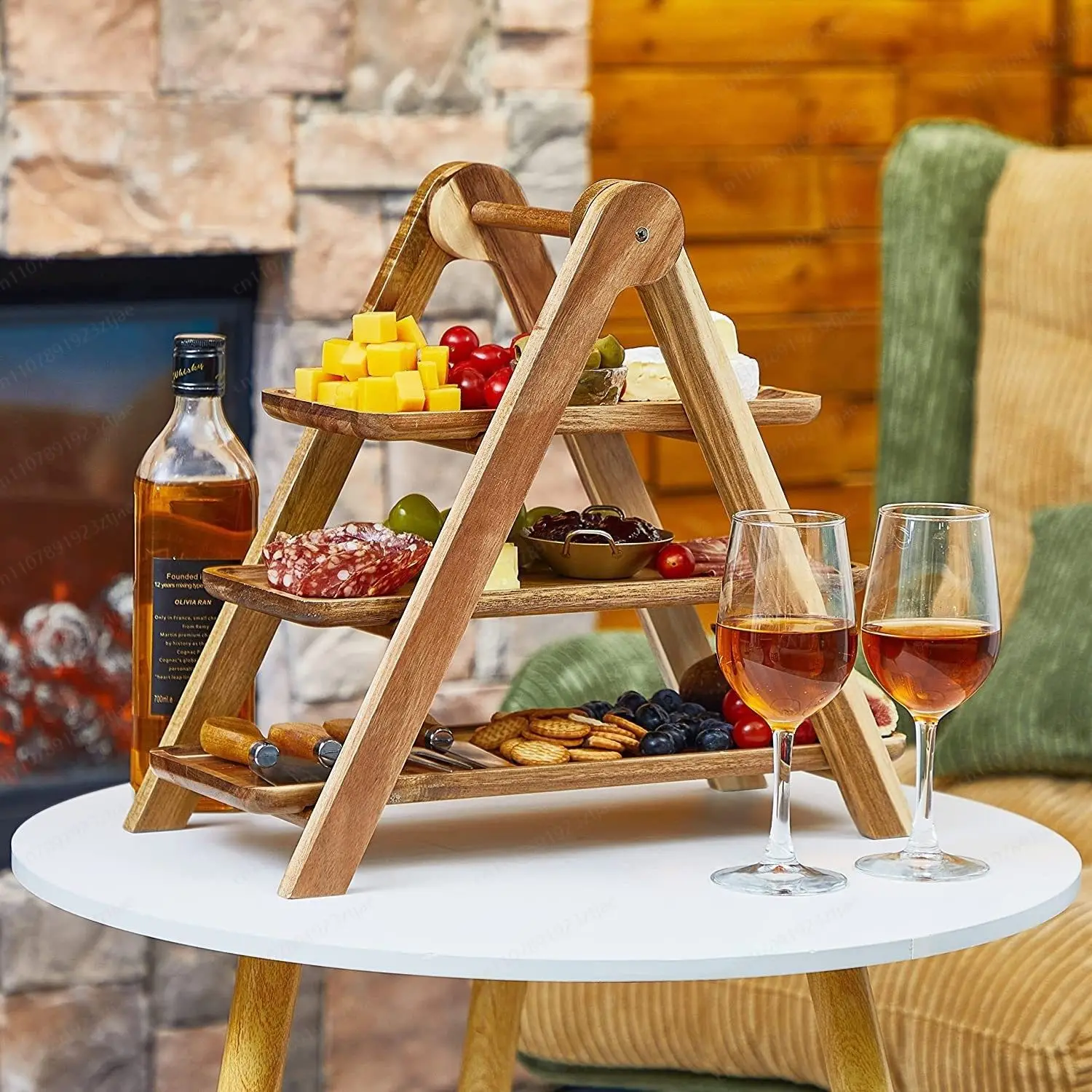 

Acacia Wood 3-Tier Detachable Tray Stand, Hot Pot Snack Fruit Plate Organizer, European Style Desktop Storage Rack