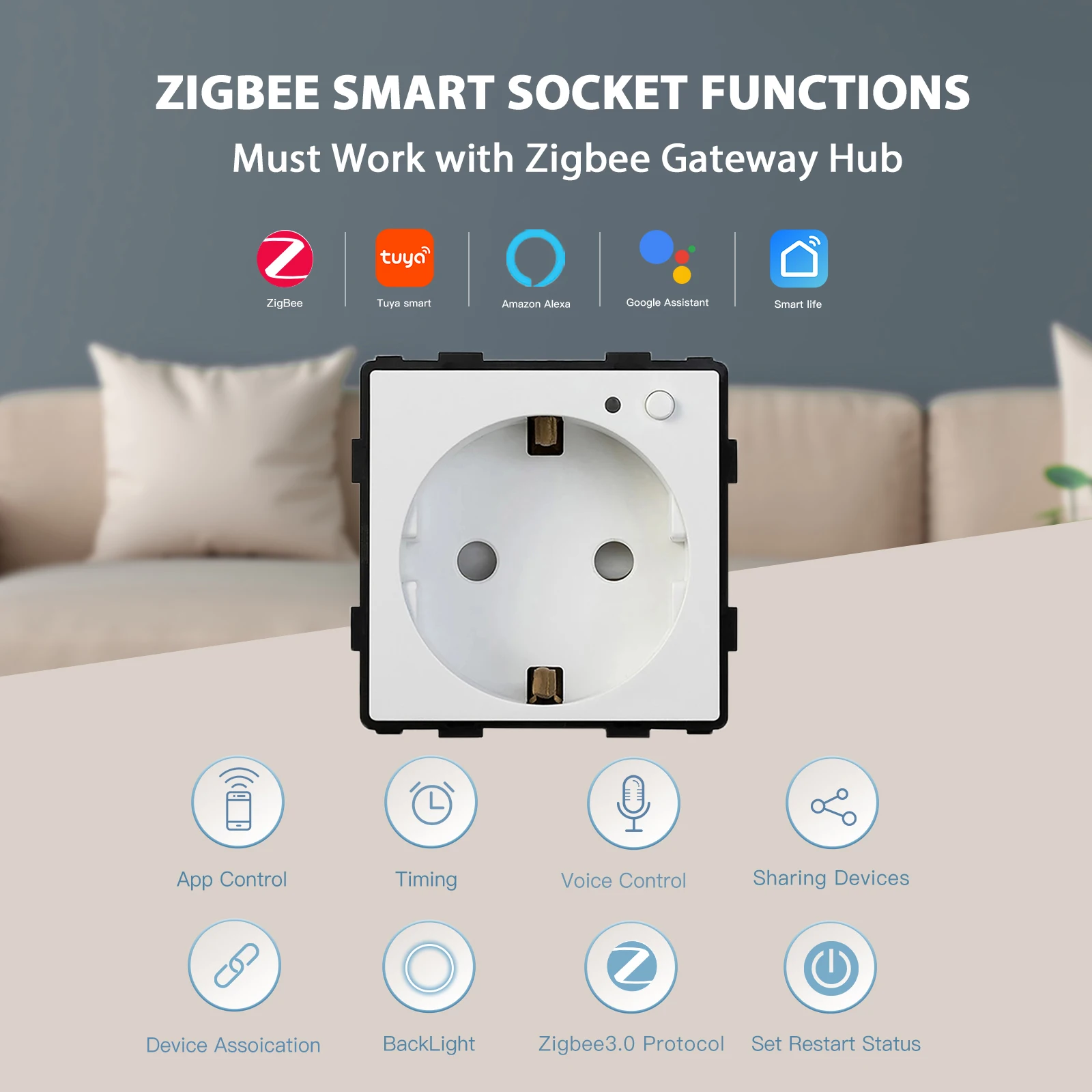 BSEED Zigbee Smart Plug Power Monitoring Internet Socket Electric Wall Outlet Tuya Smart Life Google Alexa Wireless Control