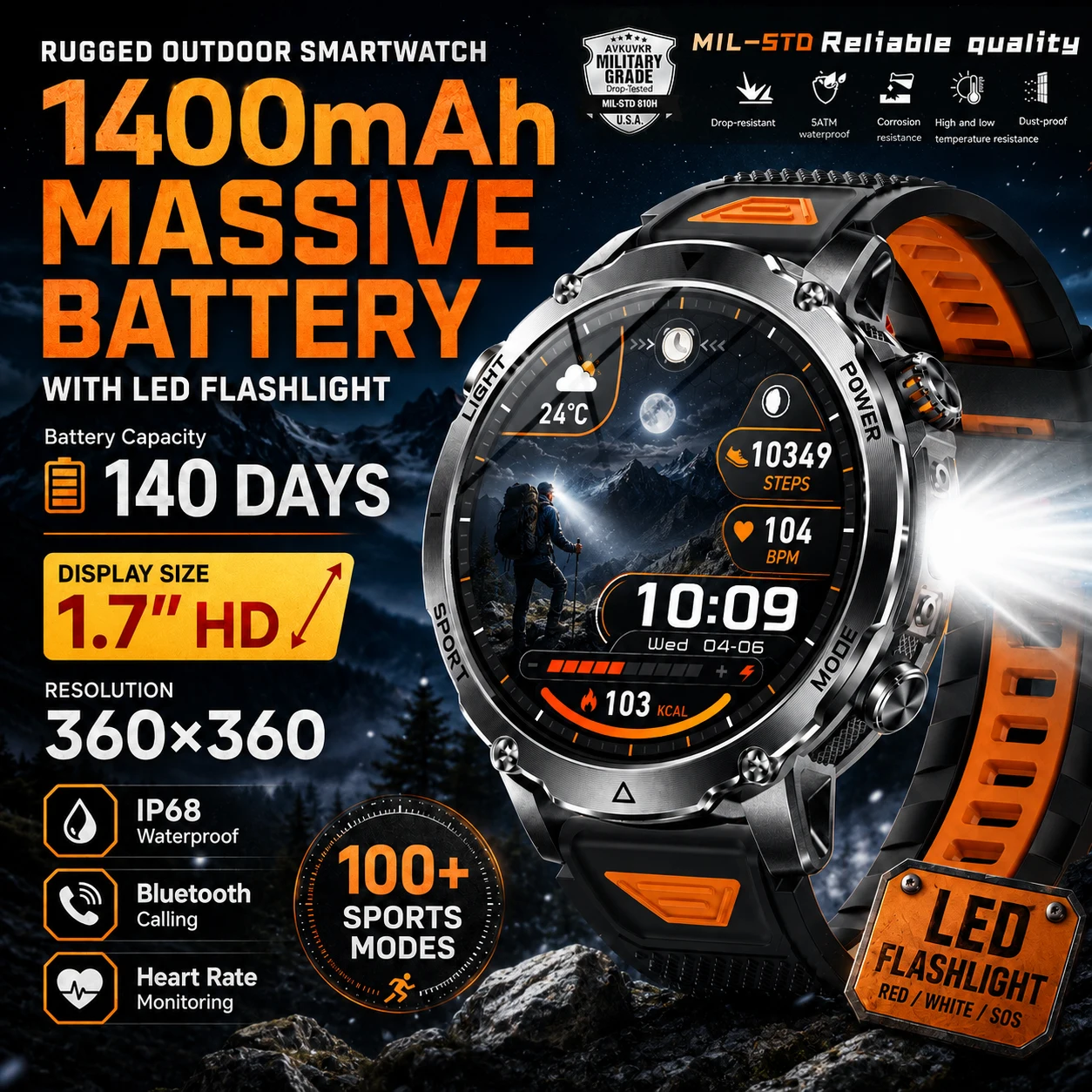 

2026 New 1400mAh Battery Outdoor Men Smart Watch 1.7" HD Display LED Flashlight Red White SOS IP68 Waterproof BT Call Smartwatch