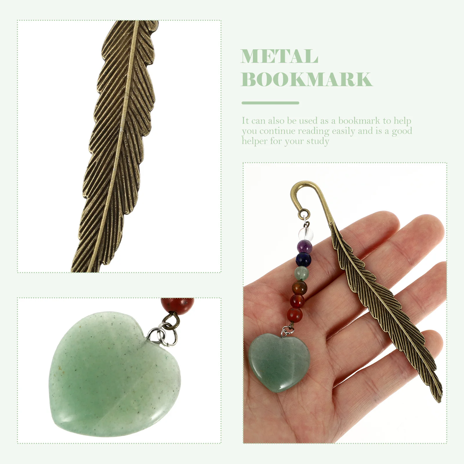 ที่คั่นหนังสือหินธรรมชาติรูปหัวใจ ที่คั่นหน้าโลหะ ที่คั่นหนังสือตกแต่งสวยงาม สำหรับคนรักหนังสือ ของขวัญที่คั่นหนังสือสำหรับผู้หญิง