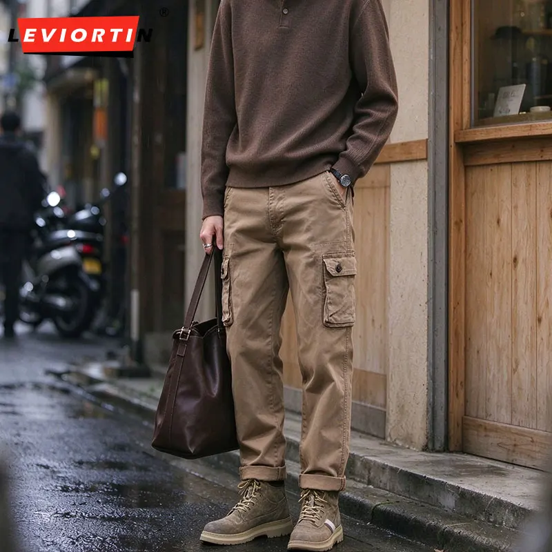 Amekaji Style Cargo Pants for Men, Japanese Retro Streetwear Loose Fit Casual Trousers, Plus Size Multi Pocket Work Pant